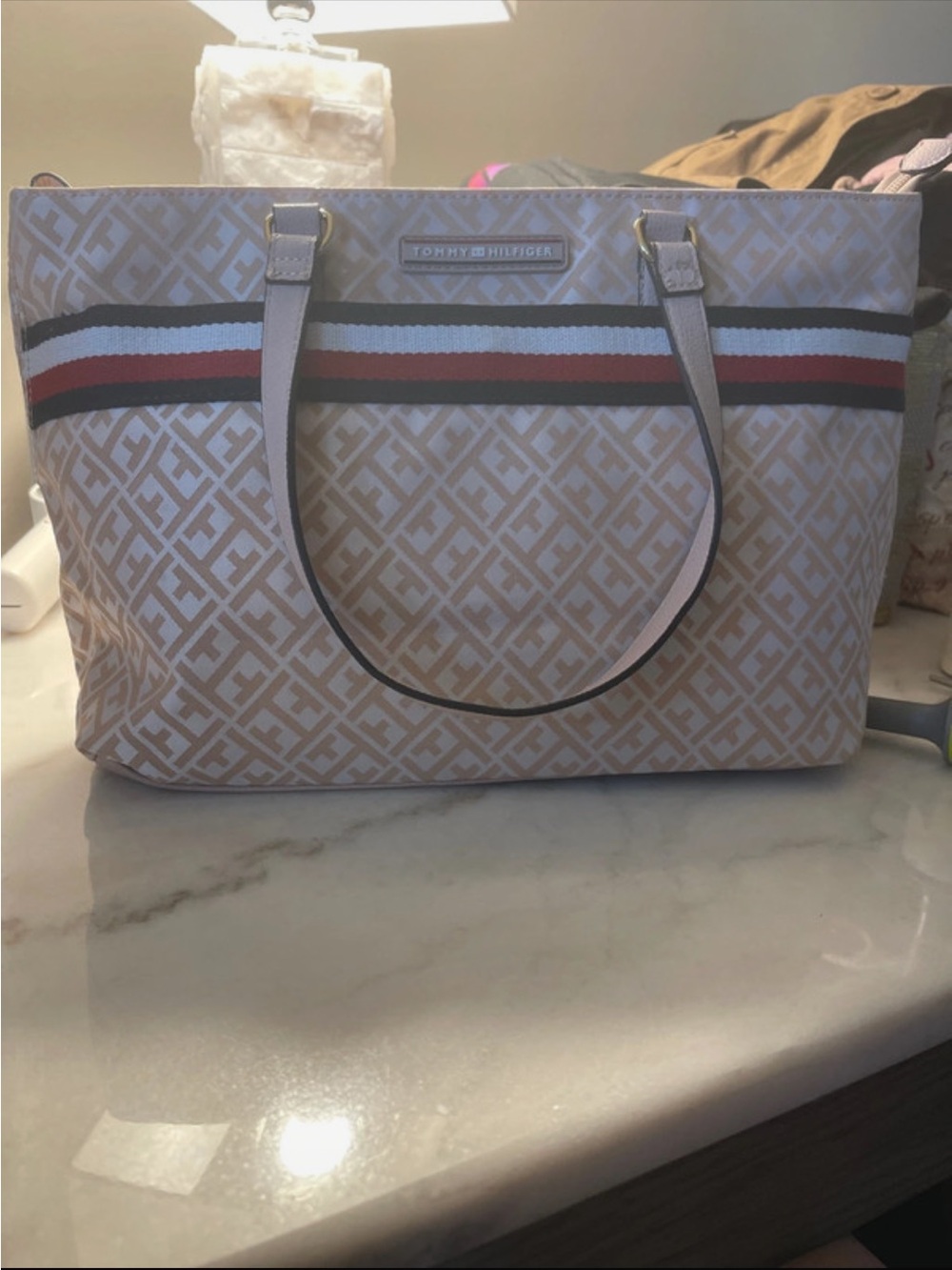 Tommy Hilfiger Beige Logo Tote with Red, White & Navy Stripe